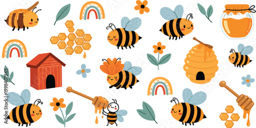 Cute bees and honey elements pattern with hive jar honeycomb flowers and dipper playful beekeeping seamless vector illustration