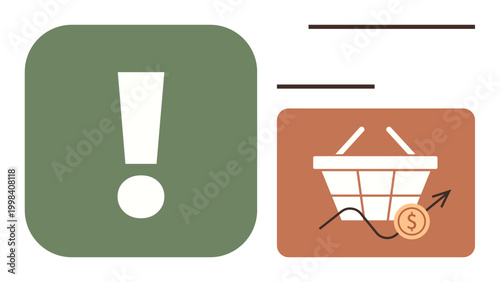 Business success, e-commerce trends, sales growth, market analysis, financial alerts, digital transactions. Exclamation mark next to a shopping basket and financial arrow indicator. E-commerce trends