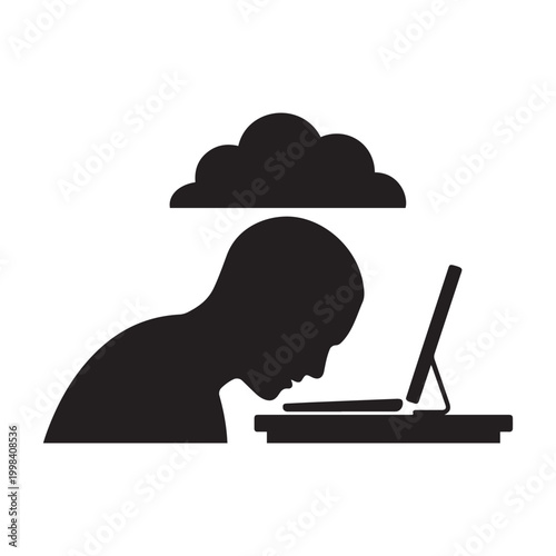 Silhouette of an exhausted person resting head on a laptop with a cloud above symbolizing work burnout and digital fatigue exhausted computer