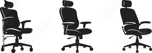 Office chair silhouettes set, ergonomic swivel seating, modern workspace furniture icons, adjustable desk chair collection – vector illustration