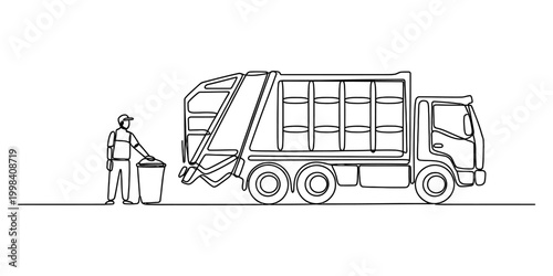 Garbage collector man with truck and trash bin line drawing
