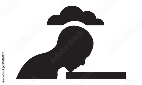 Silhouette of a person with head hitting a surface and cloud above representing stress pressure mental distress headache pressure frustration