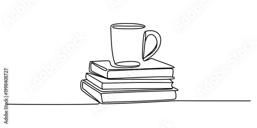Continuous line drawing of a coffee cup sitting on books