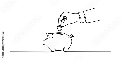 Continuous line drawing of hand putting coin in piggy bank