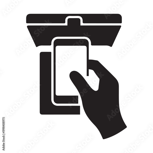 Hand holding smartphone for contactless payment or access interacting with a digital scanner or reader terminal smartphone contactless transaction