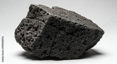 Close-up of a dark, porous volcanic rock specimen, showcasing its rough texture and natural formation.