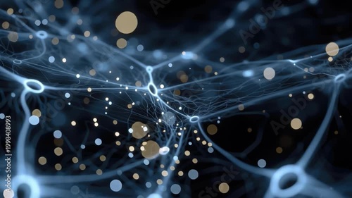 Abstract visualization of interconnected neural network with glowing synapses and flowing blue fibers on dark background.