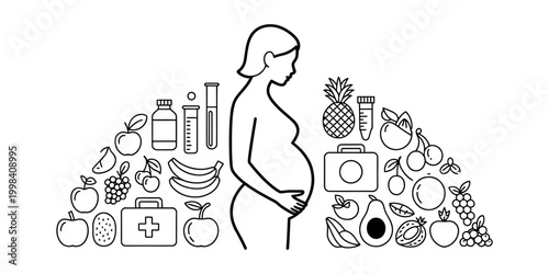 Pregnant woman with healthy food and medical icons