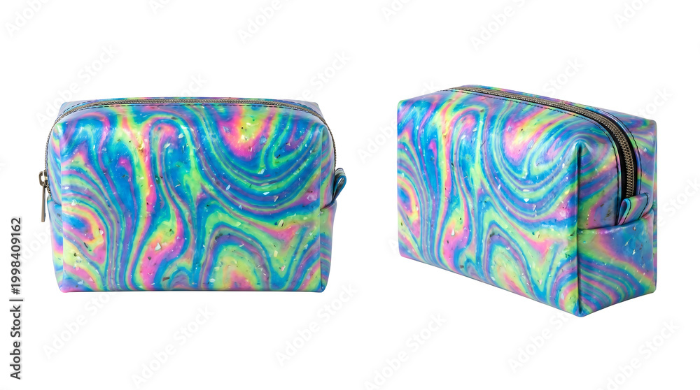 Obraz premium Vibrant marbled makeup bag crafted from recycled plastic on white background, showcasing sustainable fashion and eco-friendly lifestyle for consumer product advertising.