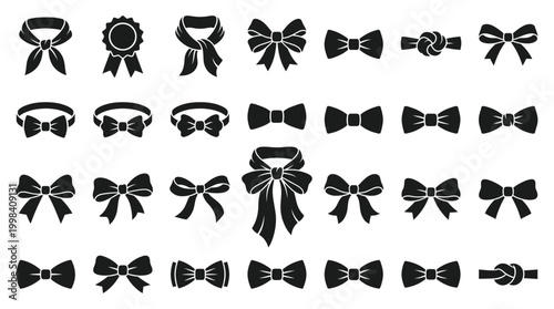 Diverse collection of elegant bow tie and ribbon silhouette graphics, perfect for festive, fashion, and gift design projects