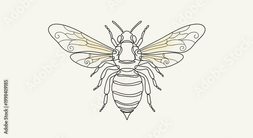Detailed Outline Drawing of a Bee with Delicate Wings on a Light Background