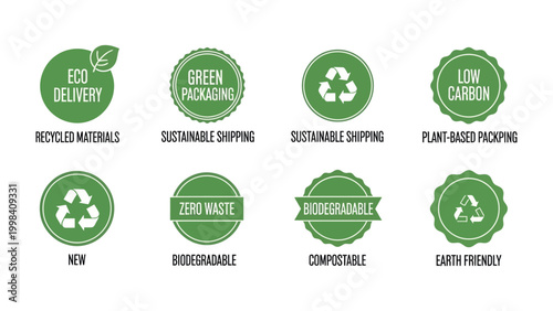 Eco-Friendly Packaging Icons: Collection of eight green icons showcasing eco-friendly packaging, sustainable shipping, and zero waste, perfect for environmentally conscious designs.
