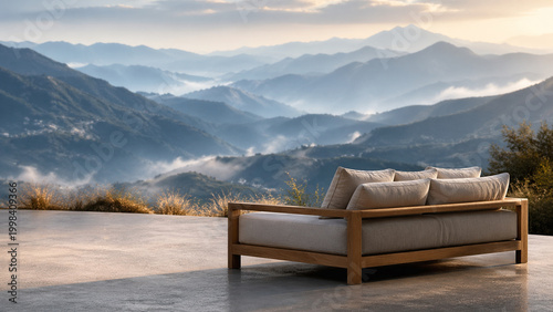 Modern outdoor sofa on mountain terrace with scenic foggy valley view at sunrise