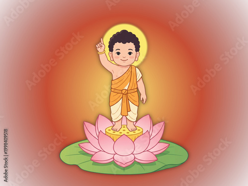 Cute Cartoon Baby Buddha Prince Siddhartha Standing on Lotus Flower for Vesak Greeting Card and Buddhist Festival Decoration
