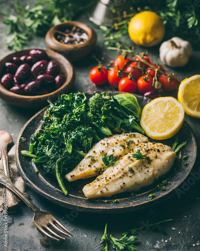 Mediterranean DASH diet dinner with fish greens and lemon showcasing heart healthy nutrition wellness and balanced lifestyle concept