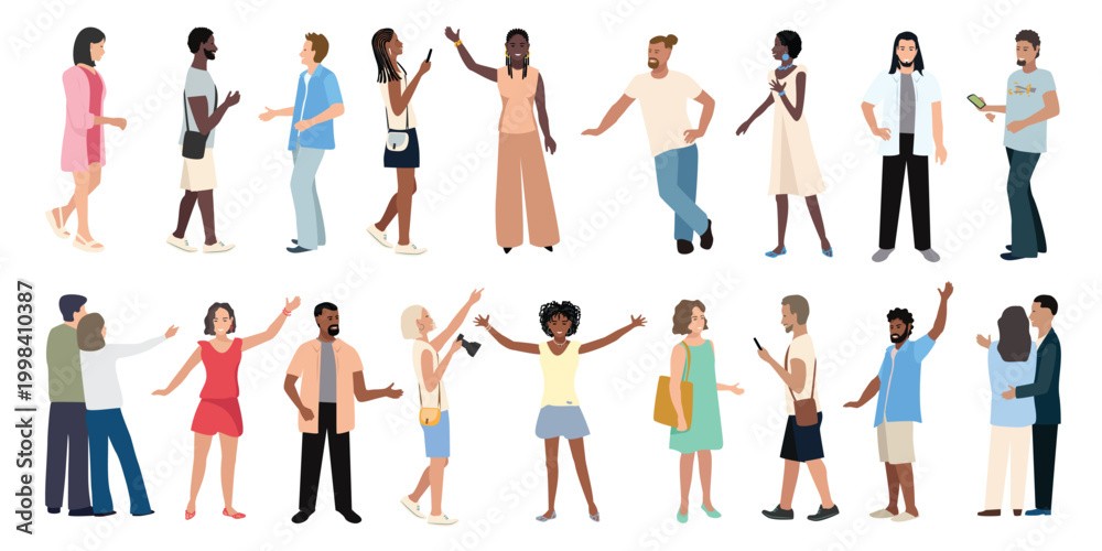 Naklejka premium A set of strolling people of different genders and races, in various poses. Men and women walk, gesture, and have fun. Hand-drawn vector set on a white background.