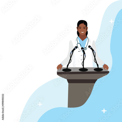 A friendly black female doctor stands behind a podium with microphones against an abstract background. Hand-drawn vector illustration.