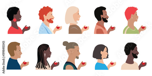 A set of blood donors of different genders and races, in profile, holding a heart. World Blood Donor Day. Hand-drawn vector illustration on a white background.