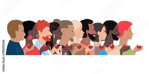 Blood donors of different genders and races stand in profile with a heart in their hands. World Blood Donor Day. Hand-drawn vector illustration template for a postcard, poster, or media.