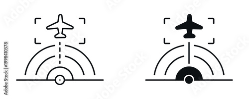 Airplane landing icon set, aviation arrival and runway concept in line and flat style. vector illustration.