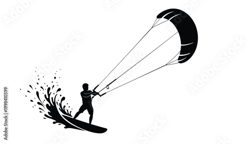 Canvastavla Kitesurfer silhouette with water splash against a white background dynamic actio