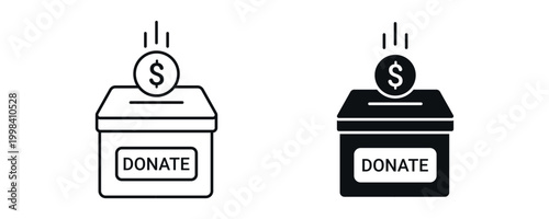 Donation box icon set, charity collection container with money symbol in line and flat style. vector illustration