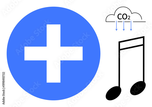 Healthcare, environment, music, sustainability, carbon emissions, technology. Blue cross, music note and CO2 emission icon appear on white. Healthcare and environment sustainability concept