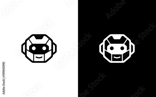 Geometric robot head logo, hexagonal artificial intelligence bot icon.