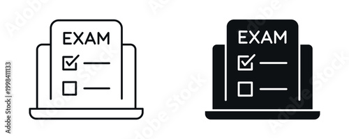 Online exam icon set, digital test and e-learning assessment concept in line and flat style. vector illustration.