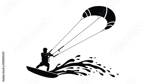 Foto Kitesurfer silhouette with water splashes dynamic action sport illustration on a