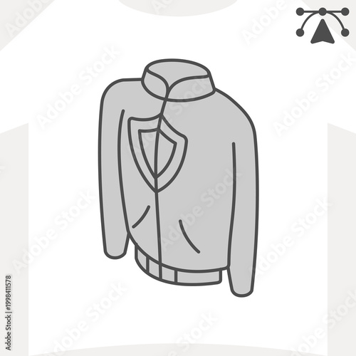 Shield emblem jacket isometric icon, elemental protection, outerwear concept. Vector graphics. Shielding, clothing sign and editable stroke, outline style icon for mobile or web design.
