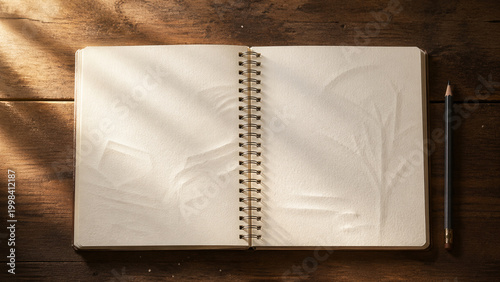 Blank spiral notebook with white cover on wooden table soft natural light