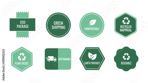 Eco-friendly Badges: A collection of eco-friendly badges, each a symbol of sustainability, representing various aspects of environmentally conscious practices.