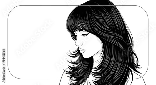 Elegant Woman Portrait, Black and White Sketch, Flowing Hair, Minimalist Style