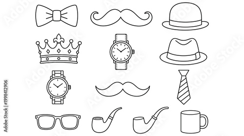 Gentleman accessories icons set line style.