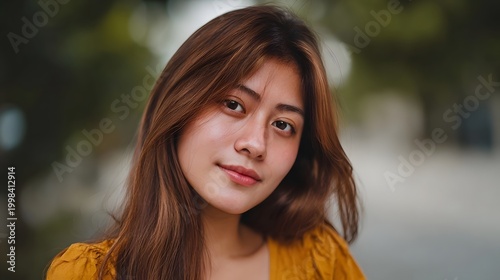 A gentle portrait of a young woman with long brown hair set against a soft blurred natural outdoor backdrop