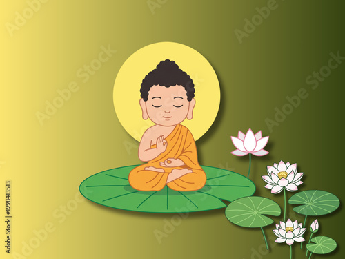 Peaceful Young Buddha Meditating on Lotus Leaf in Pond for Mindfulness Zen and Vesak Poya Day Spiritual Concept
