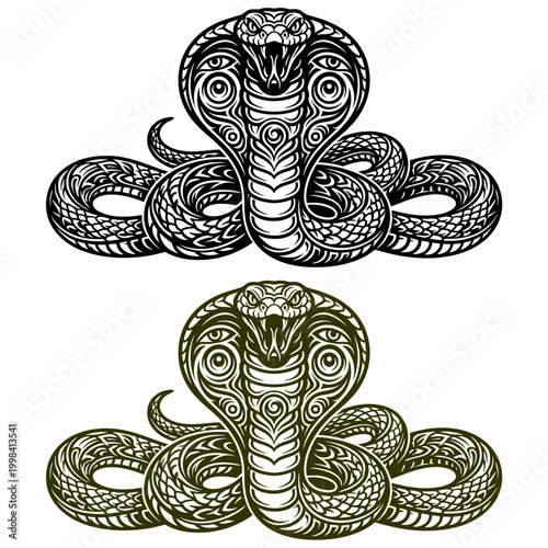 Detailed tribal cobra snake vector illustrations for tattoo designs apparel and posters featuring intricate line art and geometric patterns in black and olive colors
