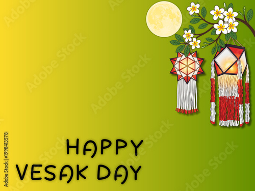 Happy Vesak Day Greeting Card Design with Traditional Lanterns Full Moon and White Flowers Vector Illustration
