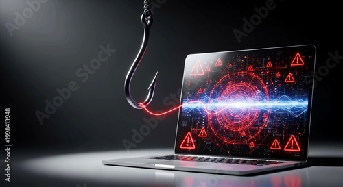 Phishing cyber attack concept with fishing hook, laptop screen displaying security warning alerts, digital data breach and internet fraud visualization