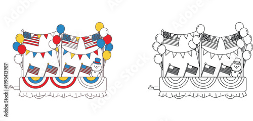 Independence Day Parade Float Vector Illustration, Patriotic July 4th Celebration Design, Coloring Page for Kids, Isolated on White Background with Colored and Line Art Versions, USA Holiday