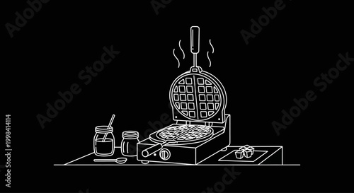 Waffle maker preparing breakfast with ingredients line art.