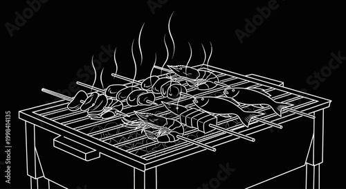 Grilled Skewers and Fish on Barbecue Grill with Smoke.
