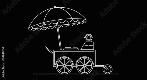 Line art illustration of a street vendor cart with an umbrella.
