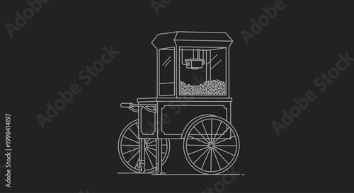 Classic Popcorn Cart Outline Drawing on Dark Background.