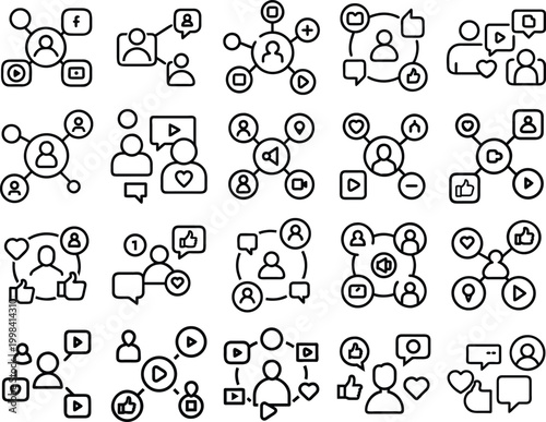 Flat social media network icons with connections and interactions Vector
