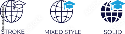 Global education. Global, graduation, description, icons. Editable vector in stroke, outline, and solid style.