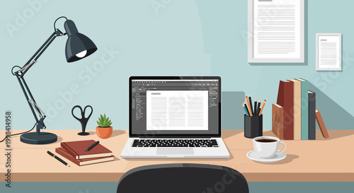 Flat vector illustration of an organized modern office workspace featuring an open laptop, adjustable desk lamp, coffee cup, stack of books, and stationery on a light wood desk surface.