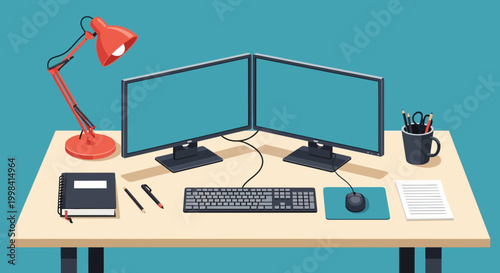 Vector illustration of a modern office desk setup featuring dual computer monitors, a red adjustable desk lamp, black keyboard, computer mouse, notebook, and various stationery items.