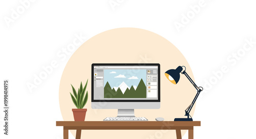 Minimalist home office setup with a desktop computer showing a landscape graphic, an adjustable desk lamp, and a potted snake plant on a wooden desk against a circular background.